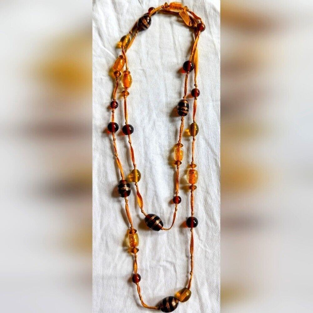 Vintage Glass Multi Color Bead Statement Long Necklace Hand Tied Ribbon